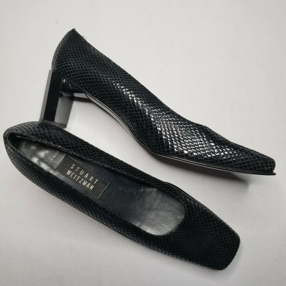 Stuart Weitzman Classic Pumps Square Toe Heal Leather Faux Snake Womens 9.5 AA